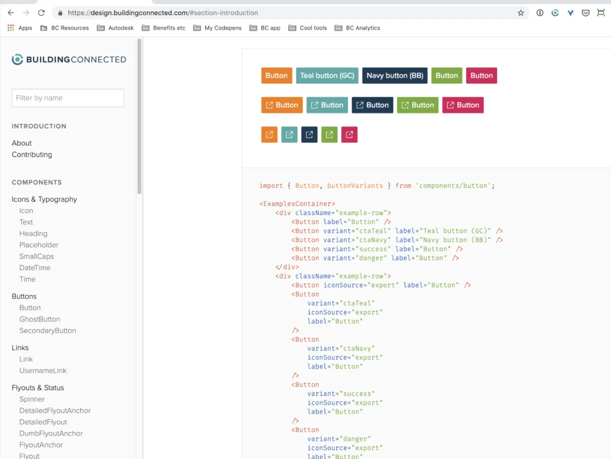 BuildingConnected design system site showing button variants and their React code