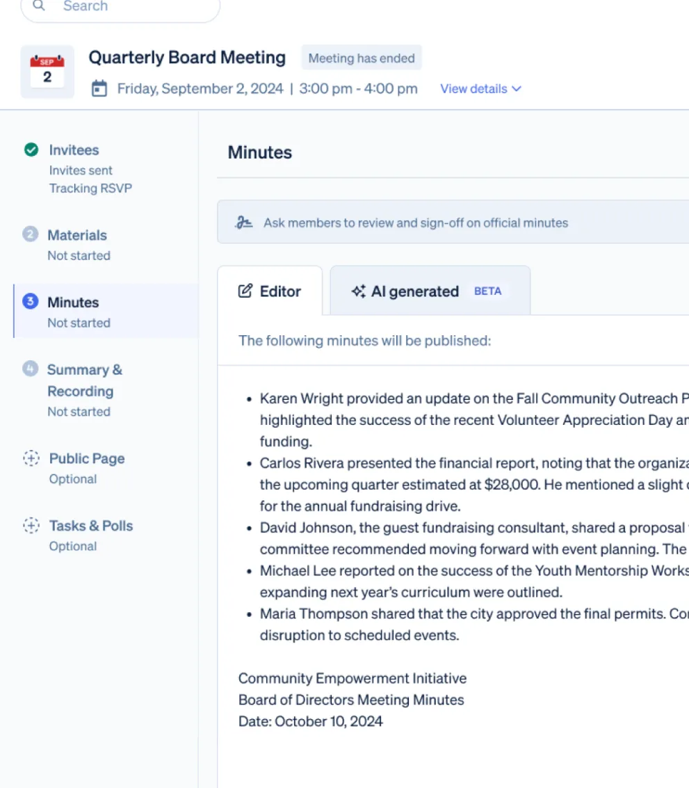 AI meeting assistant primary view